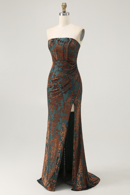 Peacock Green Corset Burnout Velvet Maxi Bridesmaid Dress with Slit