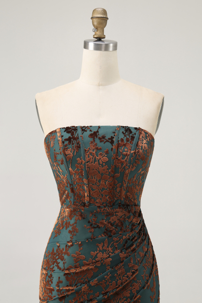 Peacock Green Corset Strapless Long Velvet Bridesmaid Dress with Slit