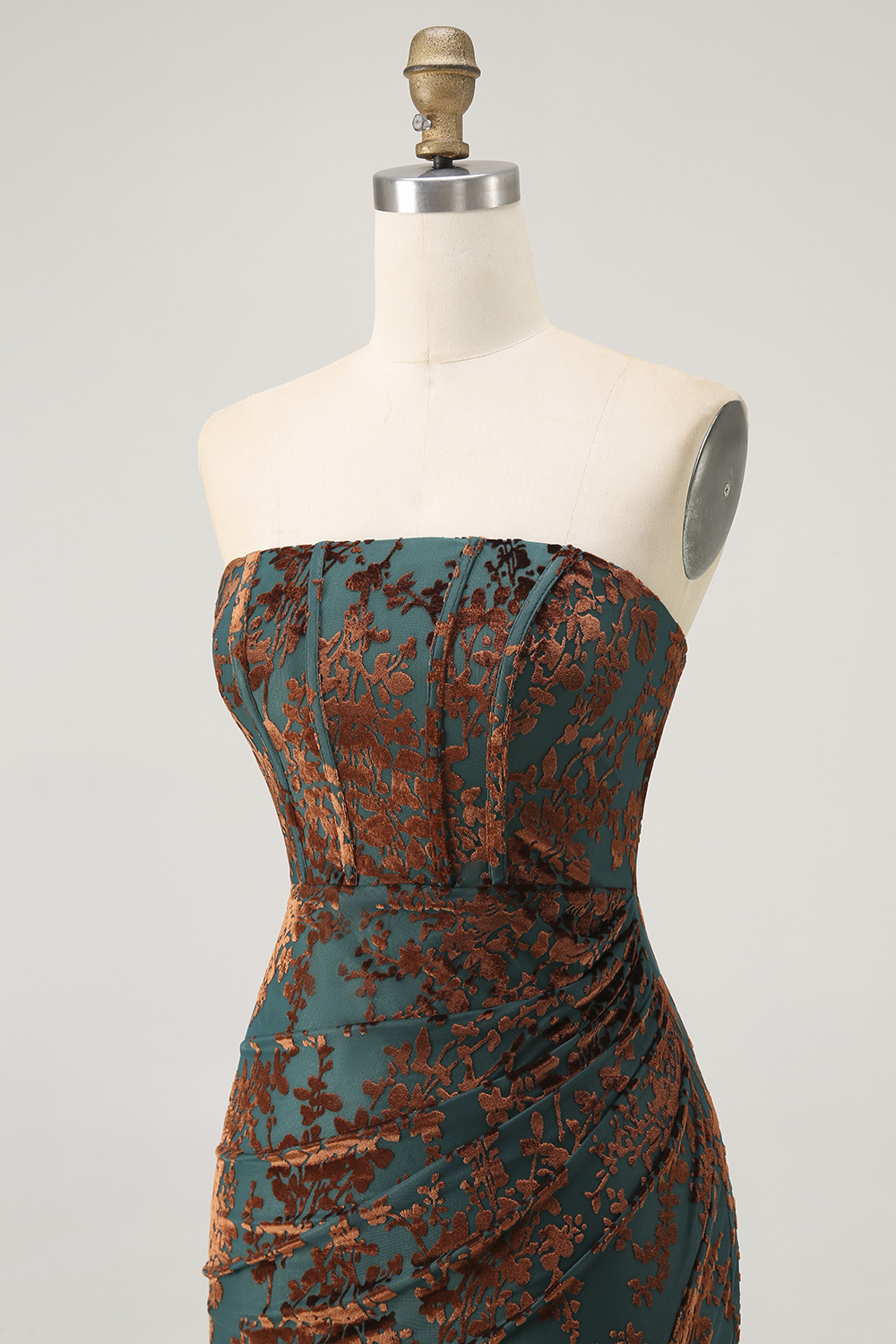 Peacock Green Corset Burnout Velvet Maxi Bridesmaid Dress with Slit