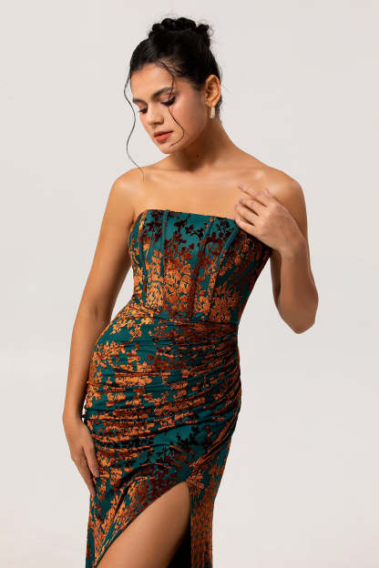 Peacock Green Corset Strapless Long Velvet Bridesmaid Dress with Slit