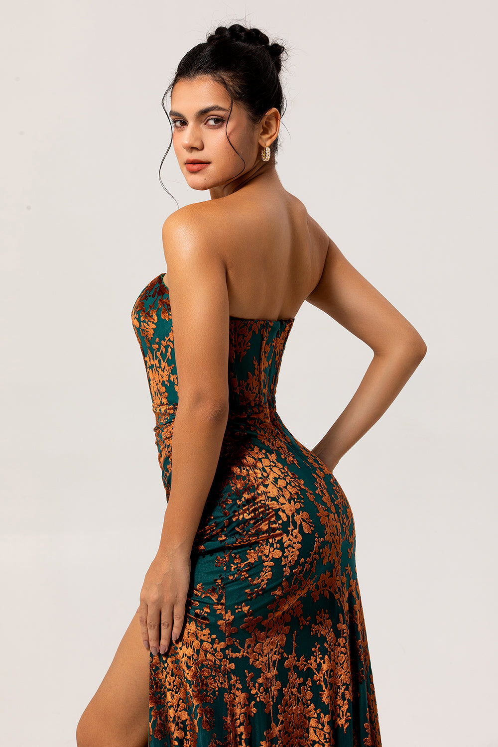 Peacock Green Corset Strapless Long Velvet Bridesmaid Dress with Slit