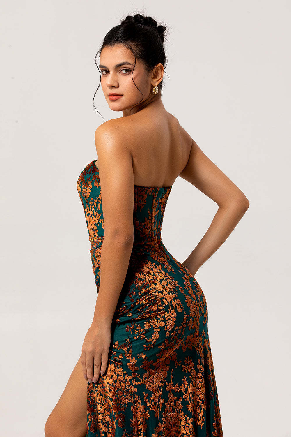 Peacock Green Corset Strapless Long Velvet Bridesmaid Dress with Slit