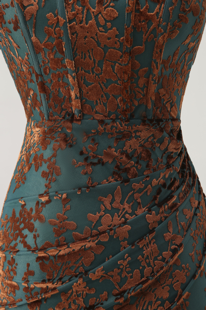 Peacock Green Corset Strapless Long Velvet Bridesmaid Dress with Slit