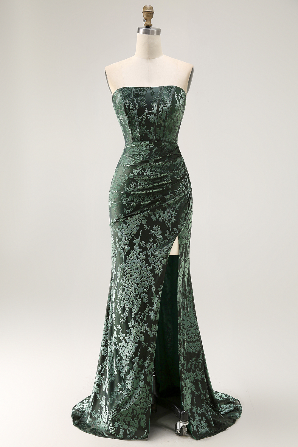 Peacock Green Corset Strapless Long Velvet Bridesmaid Dress with Slit