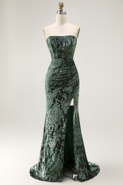 Peacock Green Corset Strapless Long Velvet Bridesmaid Dress with Slit