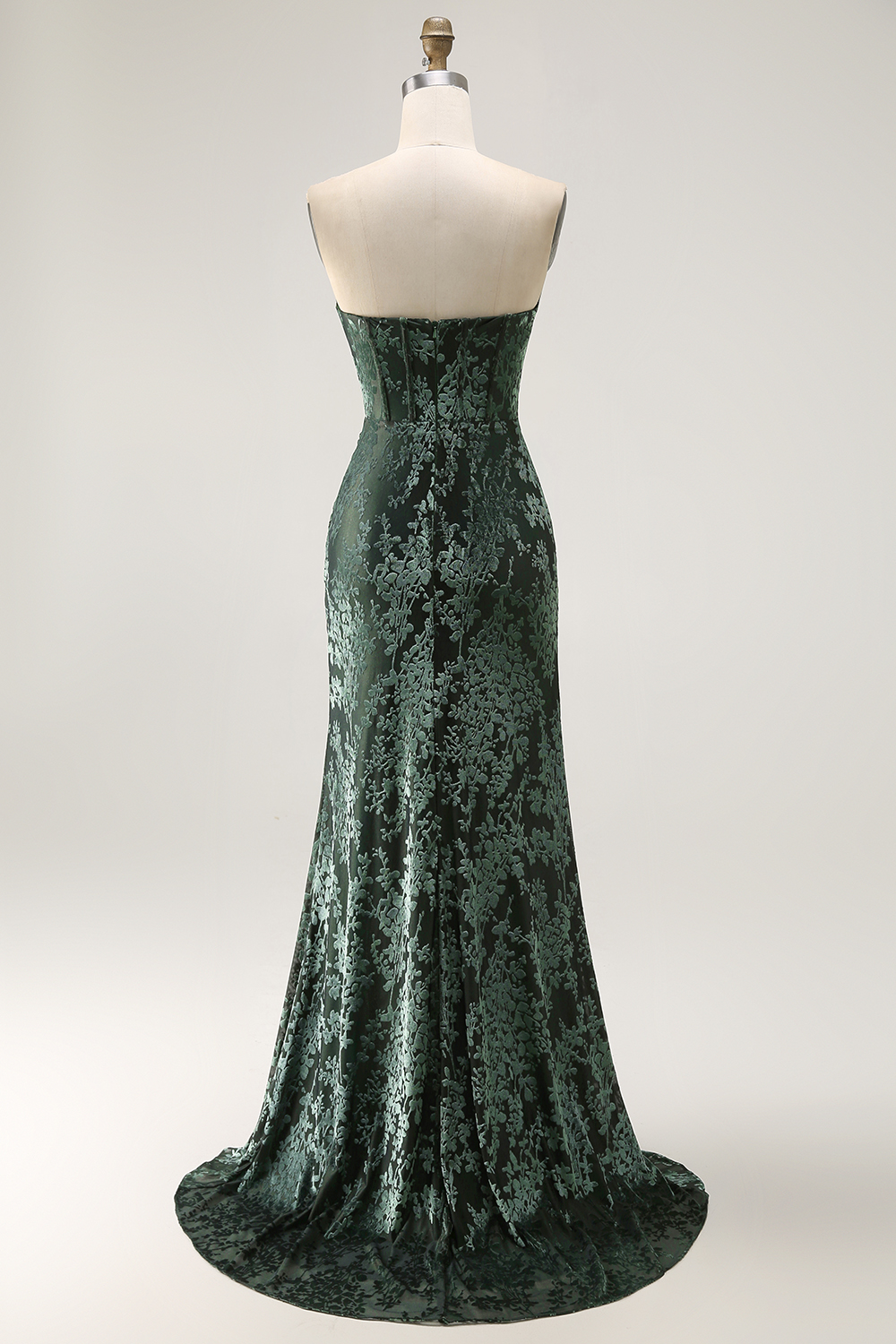 Peacock Green Corset Strapless Long Velvet Bridesmaid Dress with Slit
