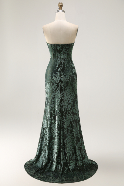 Peacock Green Corset Strapless Long Velvet Bridesmaid Dress with Slit