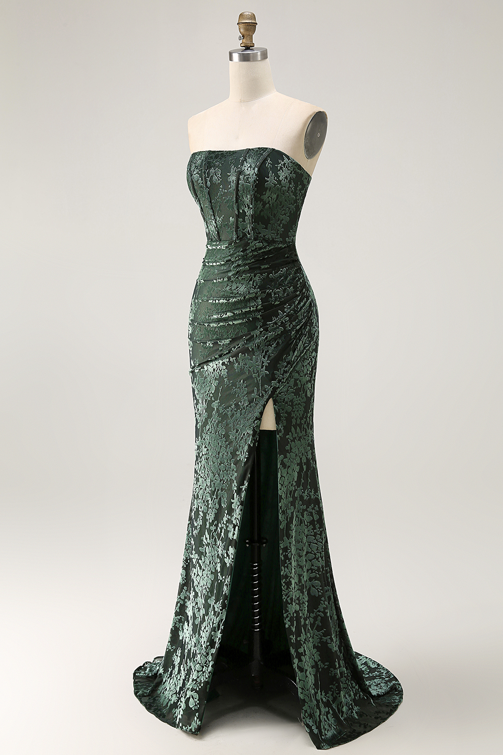 Peacock Green Corset Strapless Long Velvet Bridesmaid Dress with Slit