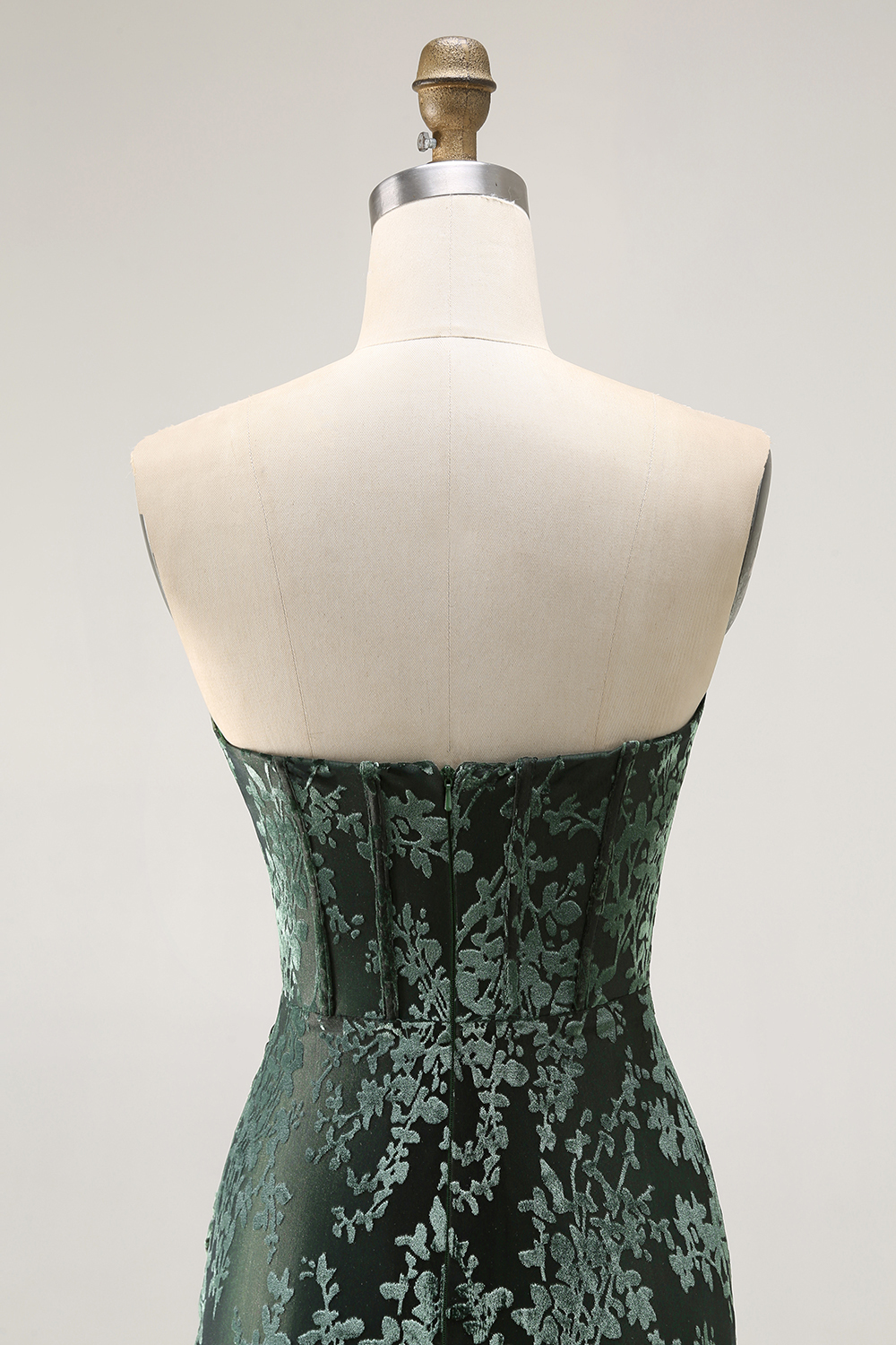 Peacock Green Corset Strapless Long Velvet Bridesmaid Dress with Slit