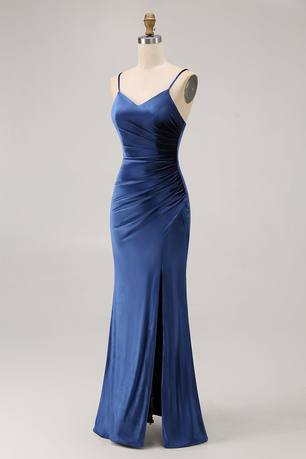 Simple Dark Blue Mermaid Velvet Maxi Bridesmaid Dress with Slit