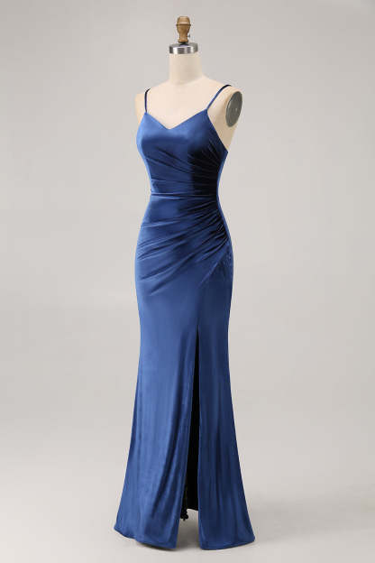 Simple Dark Blue Mermaid Velvet Maxi Bridesmaid Dress with Slit