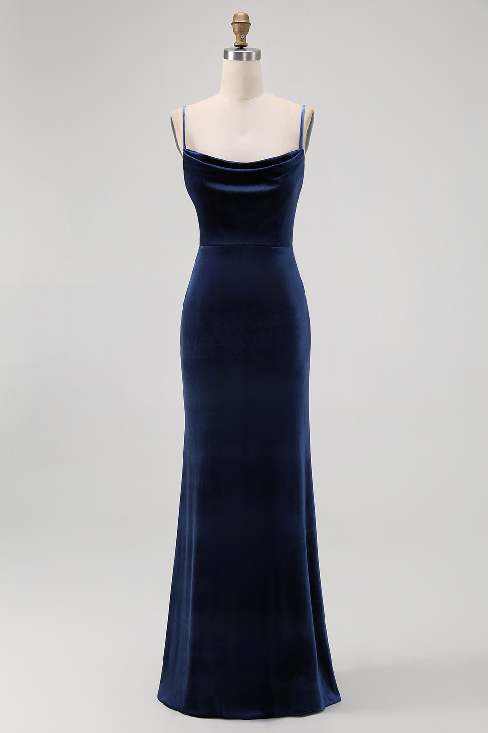 Dark Blue Velvet Backless Spaghetti Straps Maxi Bridesmaid Dress