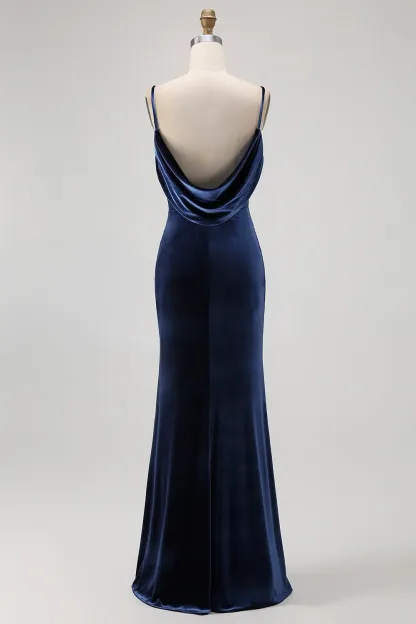 Dark Blue Mermaid Spaghetti Straps Maxi Bridesmaid Dress