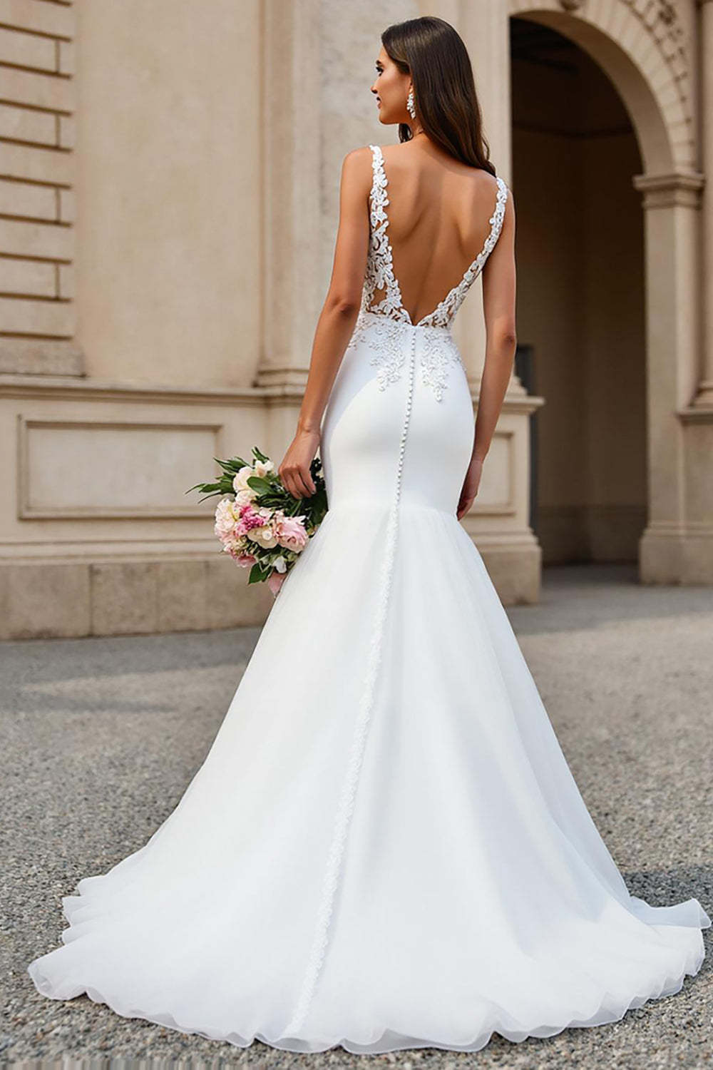 Mermaid Ivory Tulle V-Neck Sweep Train Wedding Dress with Lace