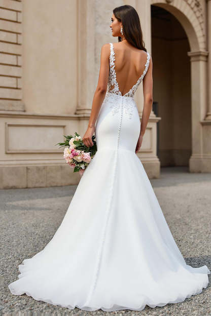 Mermaid Ivory Tulle V-Neck Sweep Train Wedding Dress with Lace
