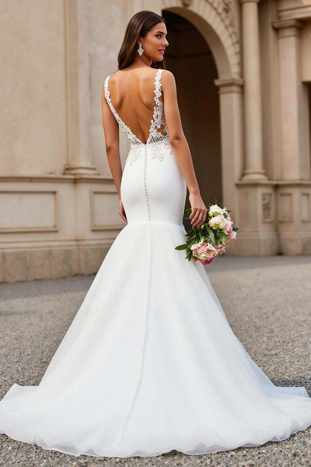 Mermaid Ivory Tulle V-Neck Sweep Train Wedding Dress with Lace