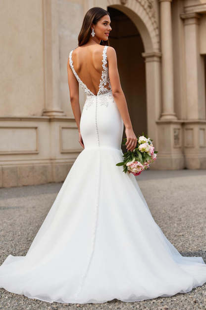 Mermaid Ivory Tulle V-Neck Sweep Train Wedding Dress with Lace