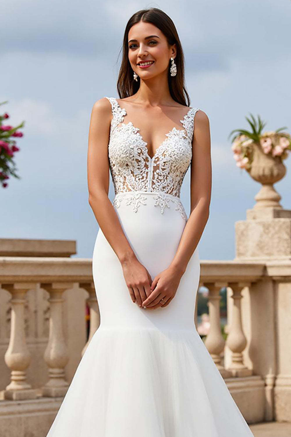 Mermaid Ivory Tulle V-Neck Sweep Train Wedding Dress with Lace