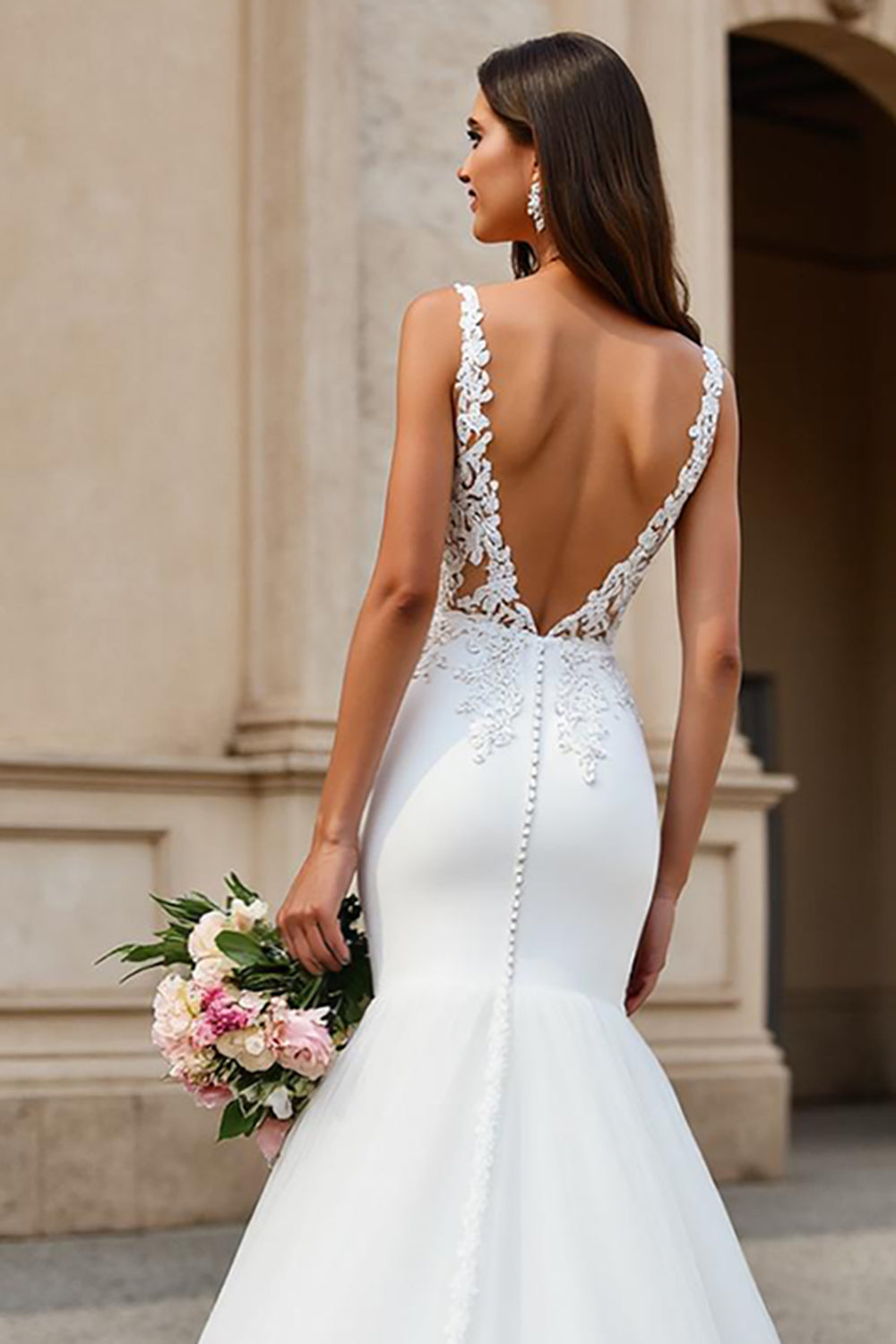 Mermaid Ivory Tulle V-Neck Sweep Train Wedding Dress with Lace