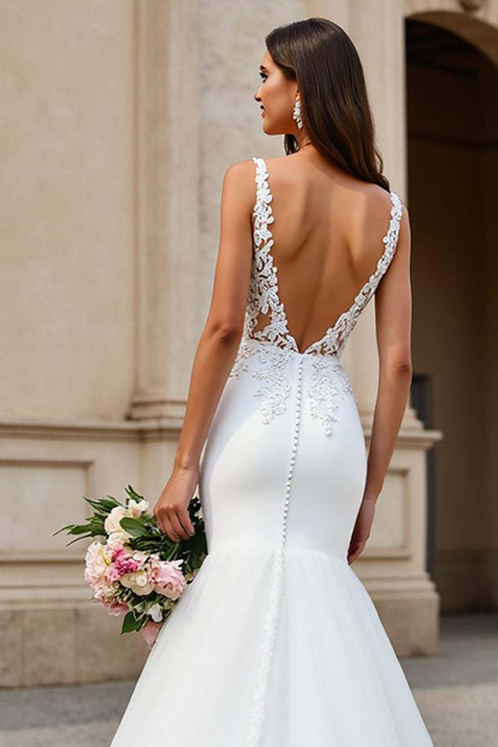 Mermaid Ivory Tulle V-Neck Sweep Train Wedding Dress with Lace