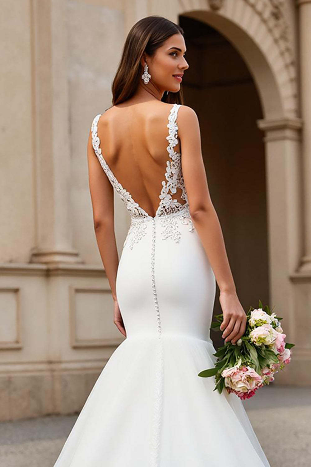Mermaid Ivory Tulle V-Neck Sweep Train Wedding Dress with Lace