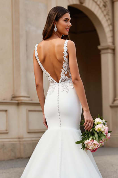 Mermaid Ivory Tulle V-Neck Sweep Train Wedding Dress with Lace