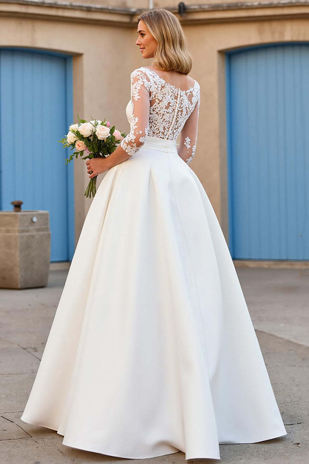 Ivory Satin V-Neck Half Sleeves Sweep Train Wedding Dress with Lace