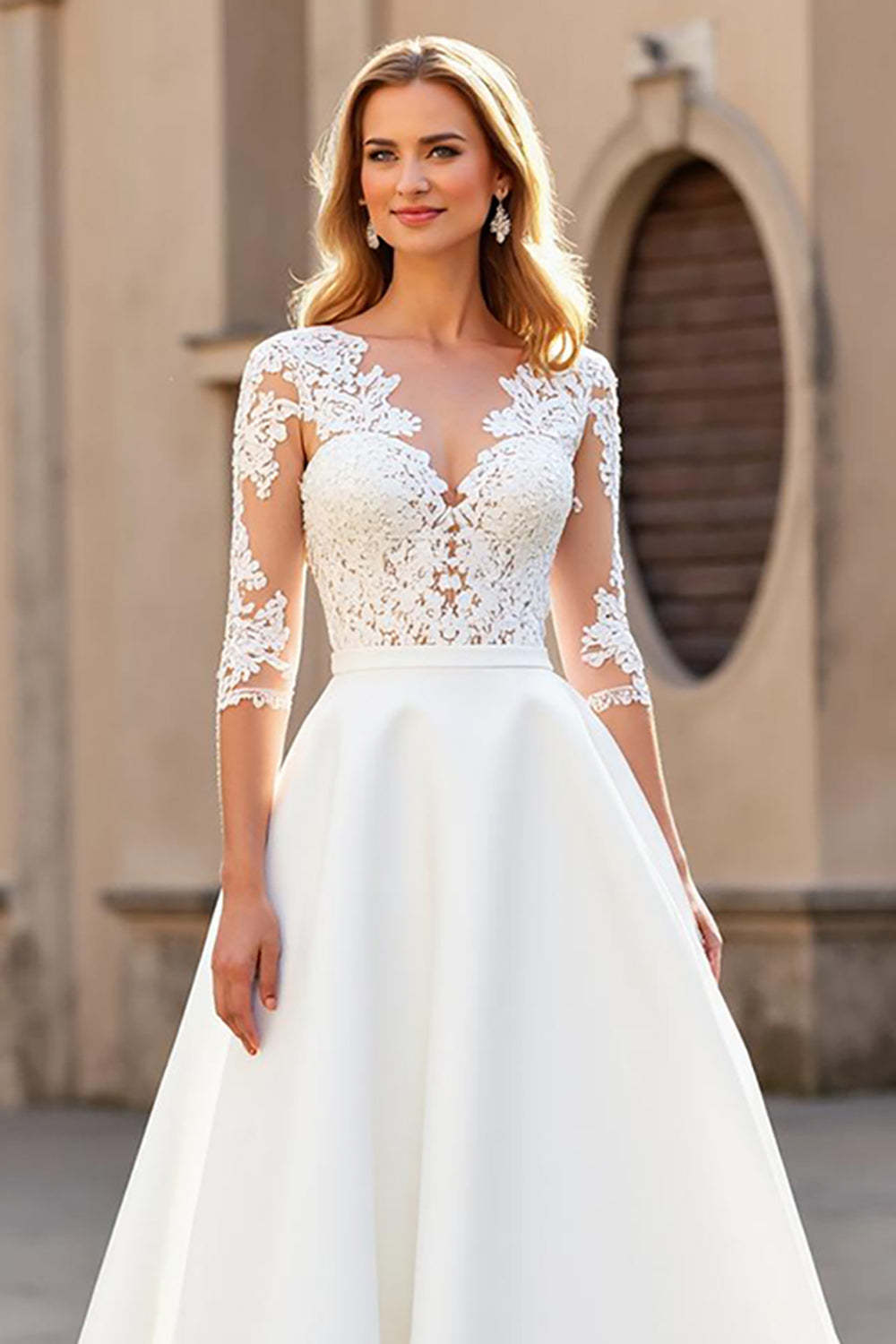 Ivory Satin V-Neck Half Sleeves Sweep Train Wedding Dress with Lace