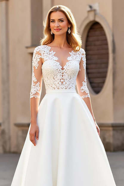 Ivory Satin V-Neck Half Sleeves Sweep Train Wedding Dress with Lace