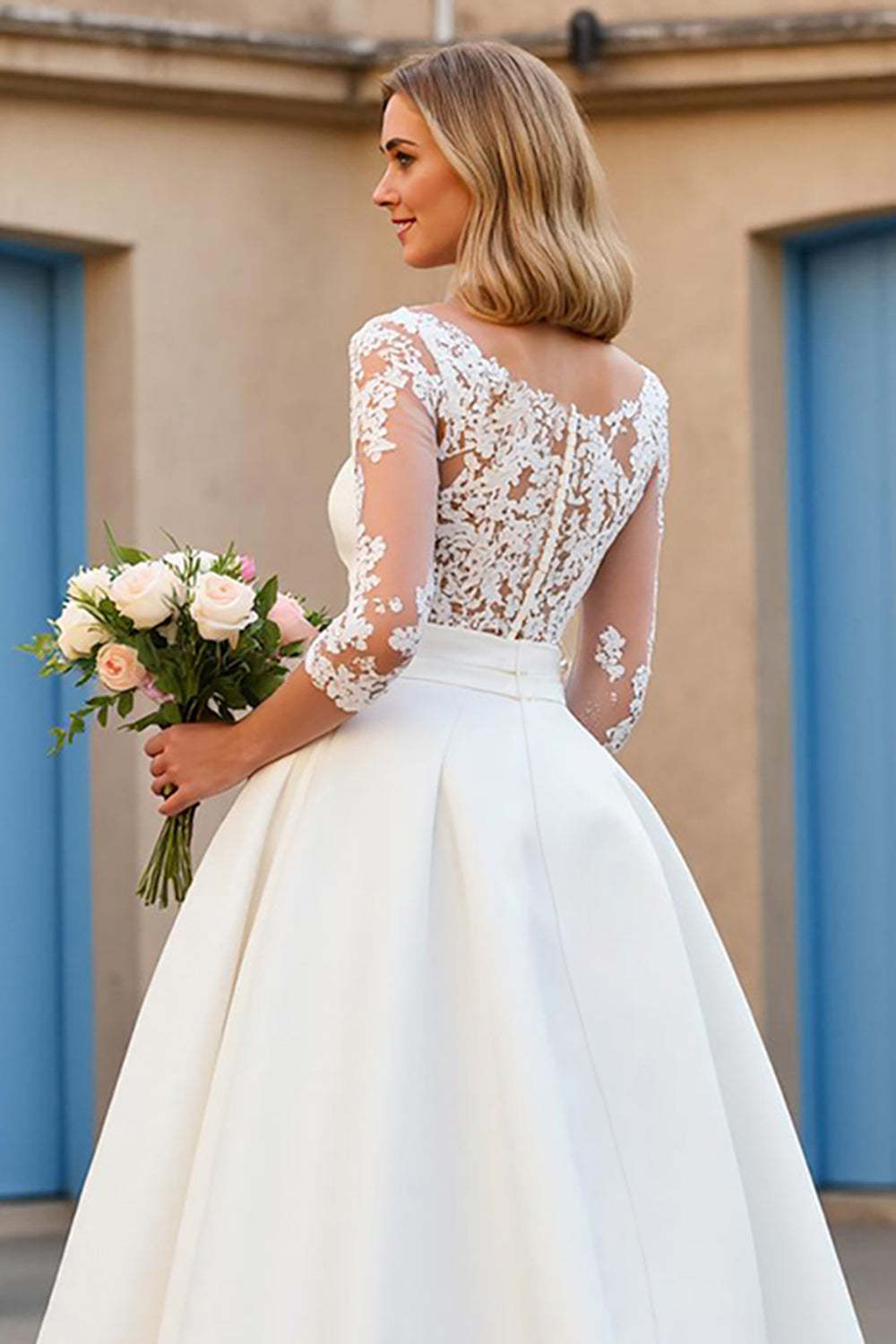 Ivory Satin V-Neck Half Sleeves Sweep Train Wedding Dress with Lace