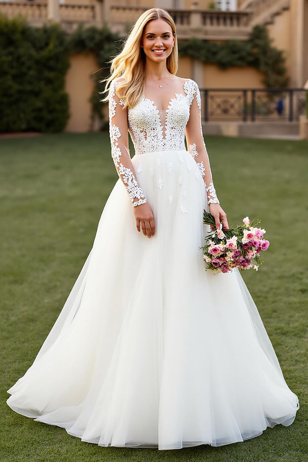 Tulle A Line Ivory Sweep Train Long Sleeves Wedding Dress with Lace