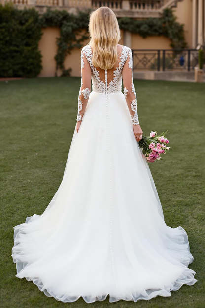 Tulle A Line Ivory Sweep Train Long Sleeves Wedding Dress with Lace