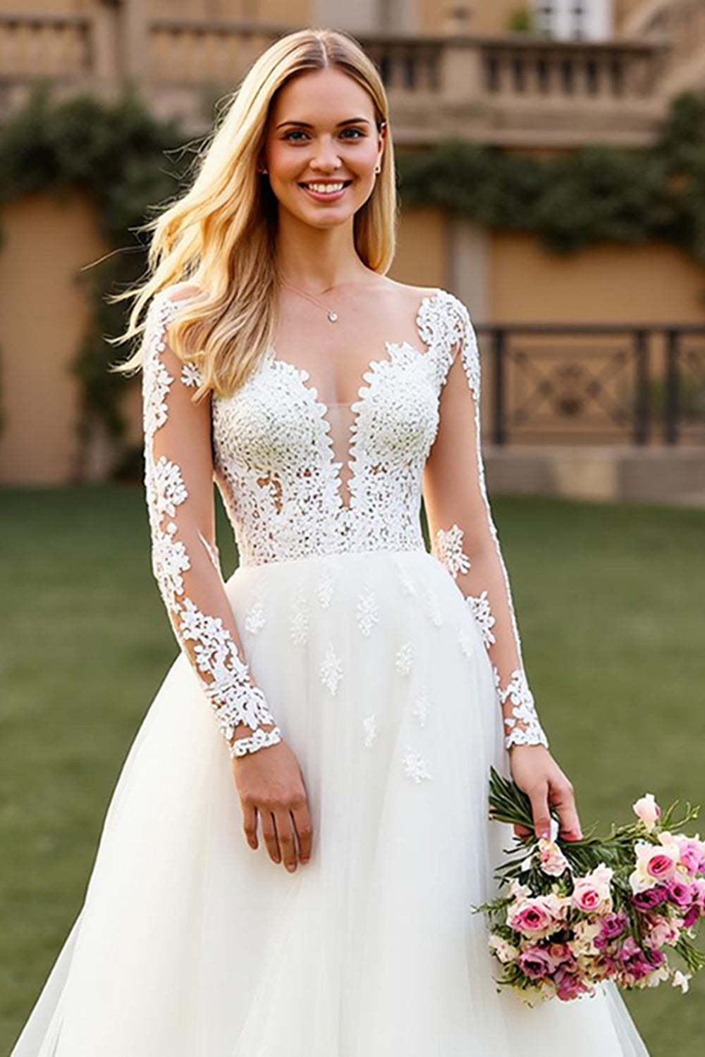 Tulle A Line Ivory Sweep Train Long Sleeves Wedding Dress with Lace