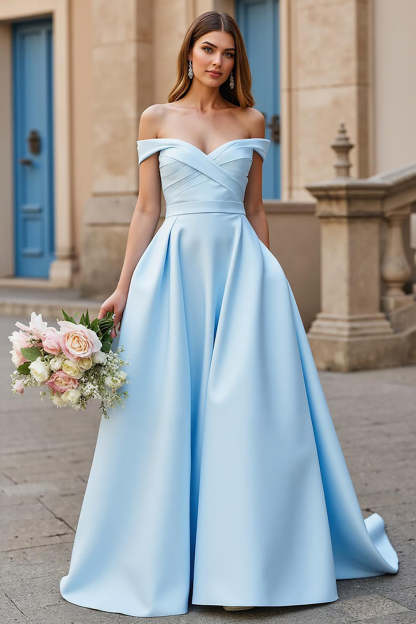 Leely Women Sky Blue Ball Gown Satin Sweep Train Wedding Dress Off the Shoulder A Line Bridal Dress with Bow
