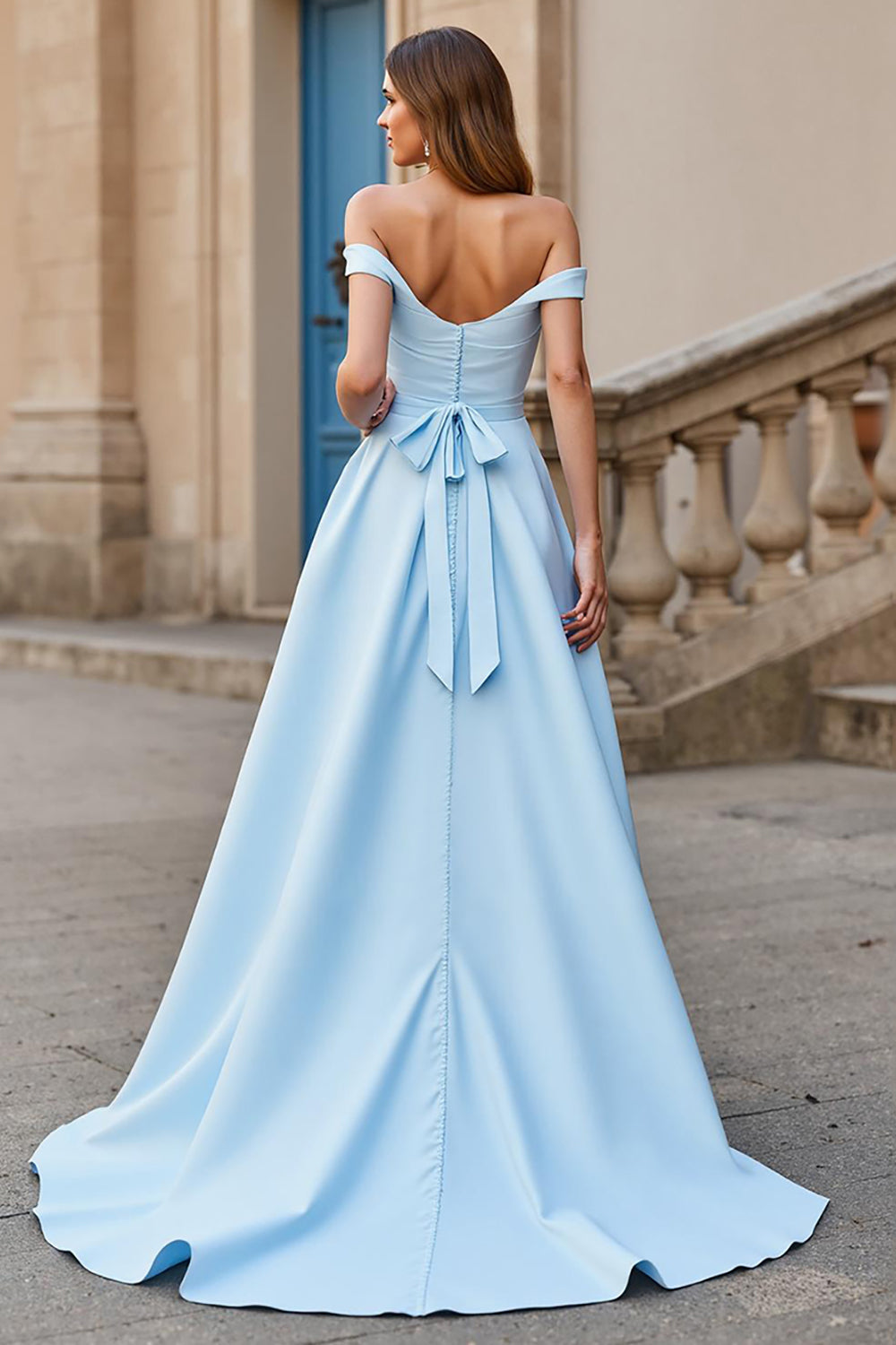 Sky Blue Ball Gown Off the Shoulder Satin Sweep Train Wedding Dress with Bow