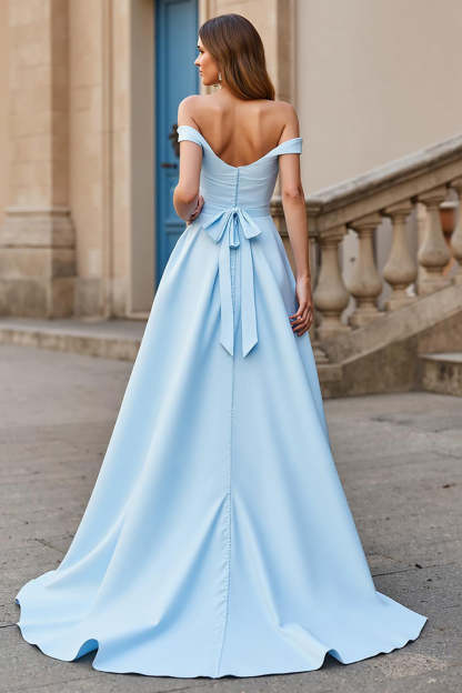 Sky Blue Ball Gown Off the Shoulder Satin Sweep Train Wedding Dress with Bow