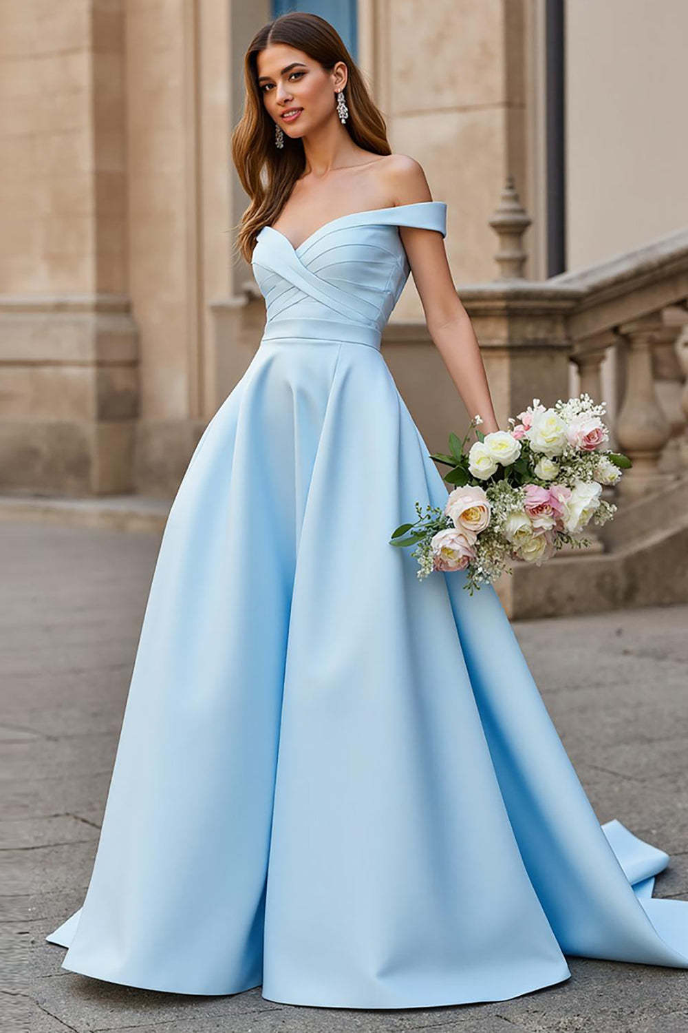 Sky Blue Ball Gown Off the Shoulder Satin Sweep Train Wedding Dress with Bow