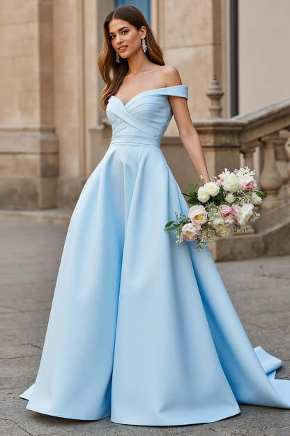 Sky Blue Ball Gown Off the Shoulder Satin Sweep Train Wedding Dress with Bow