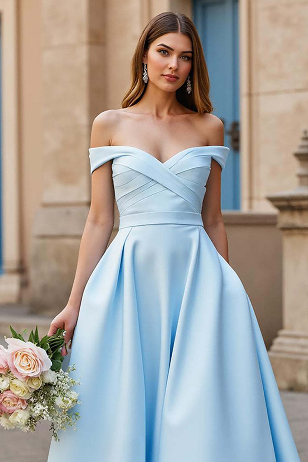 Sky Blue Ball Gown Off the Shoulder Satin Sweep Train Wedding Dress with Bow