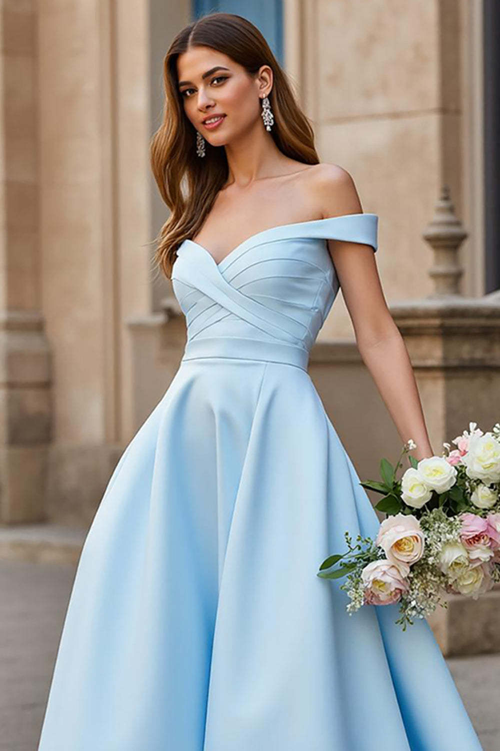 Sky Blue Ball Gown Off the Shoulder Satin Sweep Train Wedding Dress with Bow