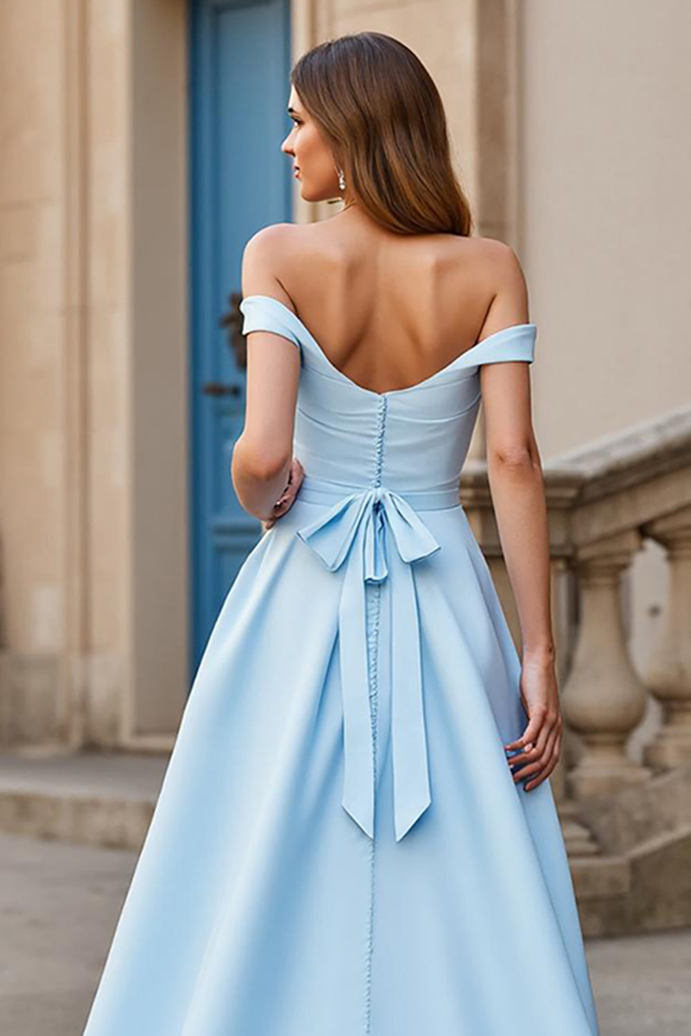 Sky Blue Ball Gown Off the Shoulder Satin Sweep Train Wedding Dress with Bow