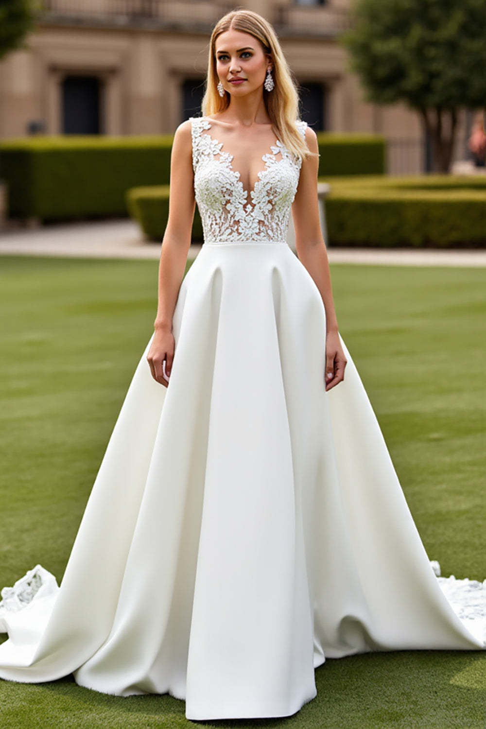Leely Women Princess Ivory Sweep Train Satin Wedding Dress with Lace V-Neck A Line Backless Bridal Dress