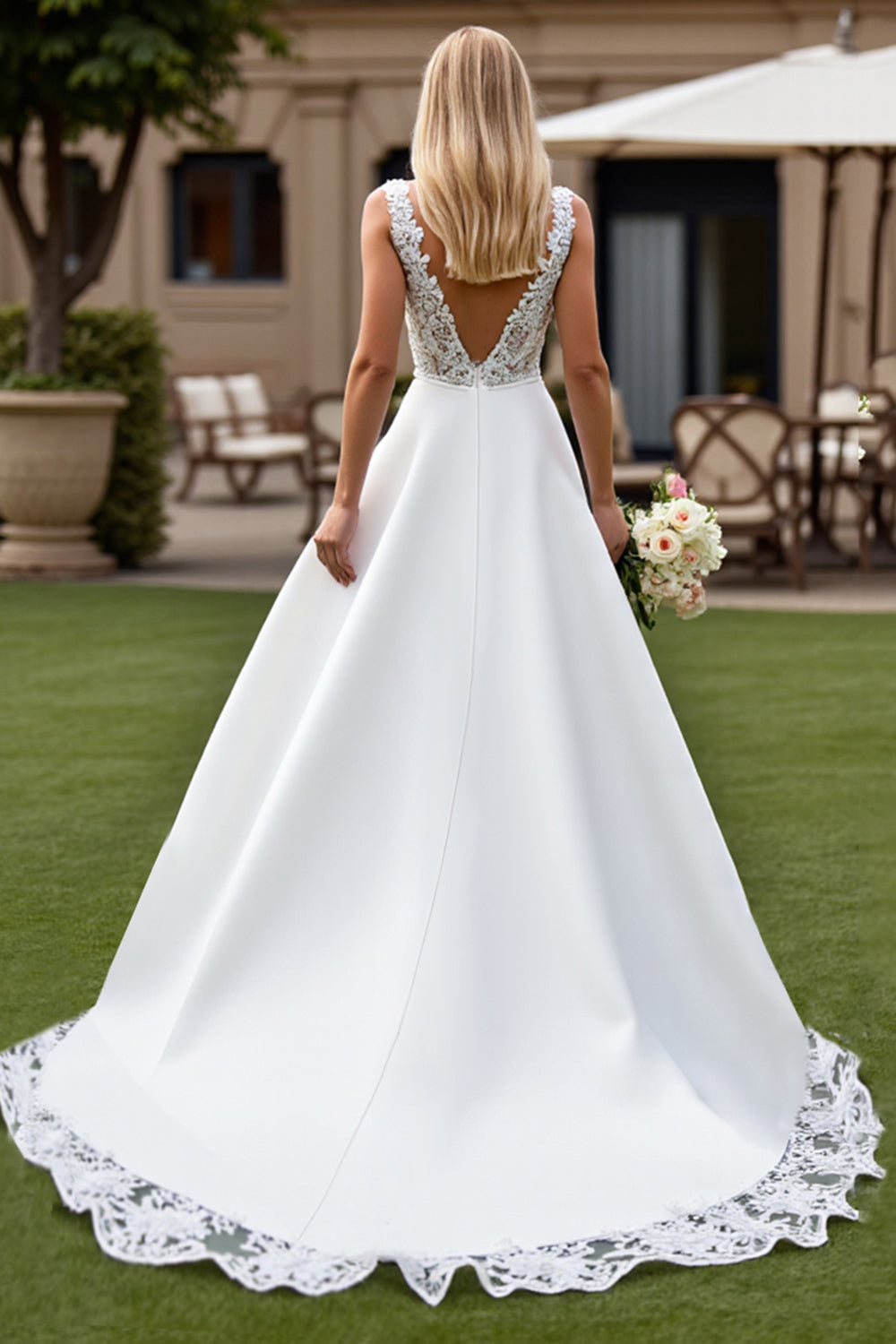 Princess Ivory V-Neck Sweep Train Satin Wedding Dress with Lace