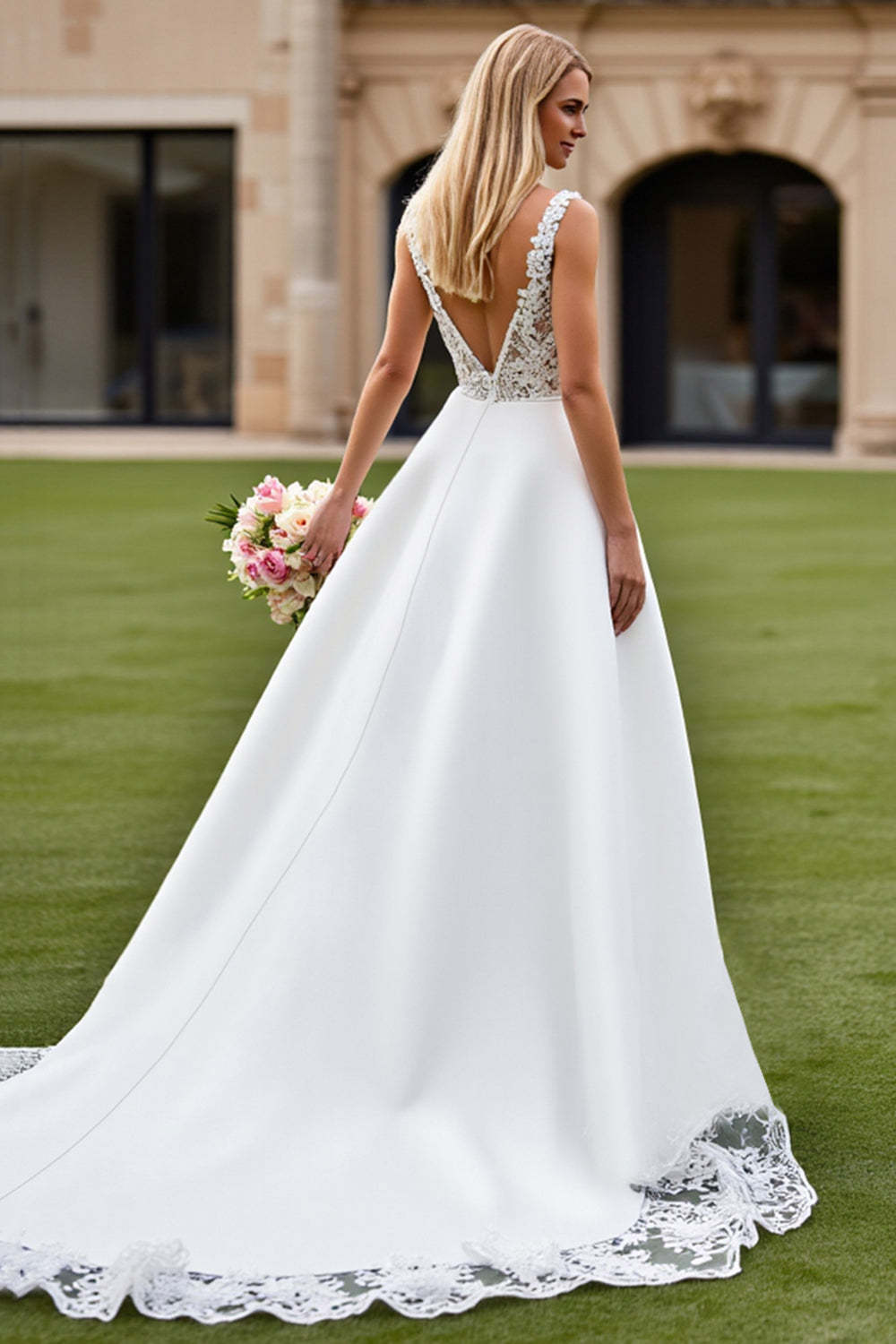 Princess Ivory V-Neck Sweep Train Satin Wedding Dress with Lace