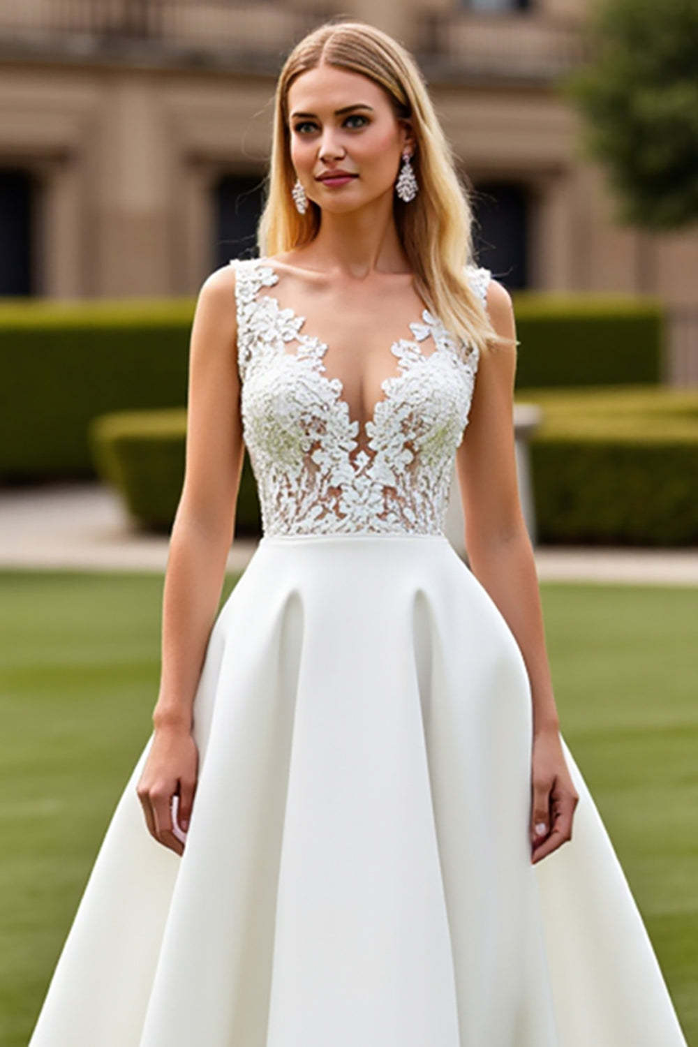 Princess Ivory V-Neck Sweep Train Satin Wedding Dress with Lace