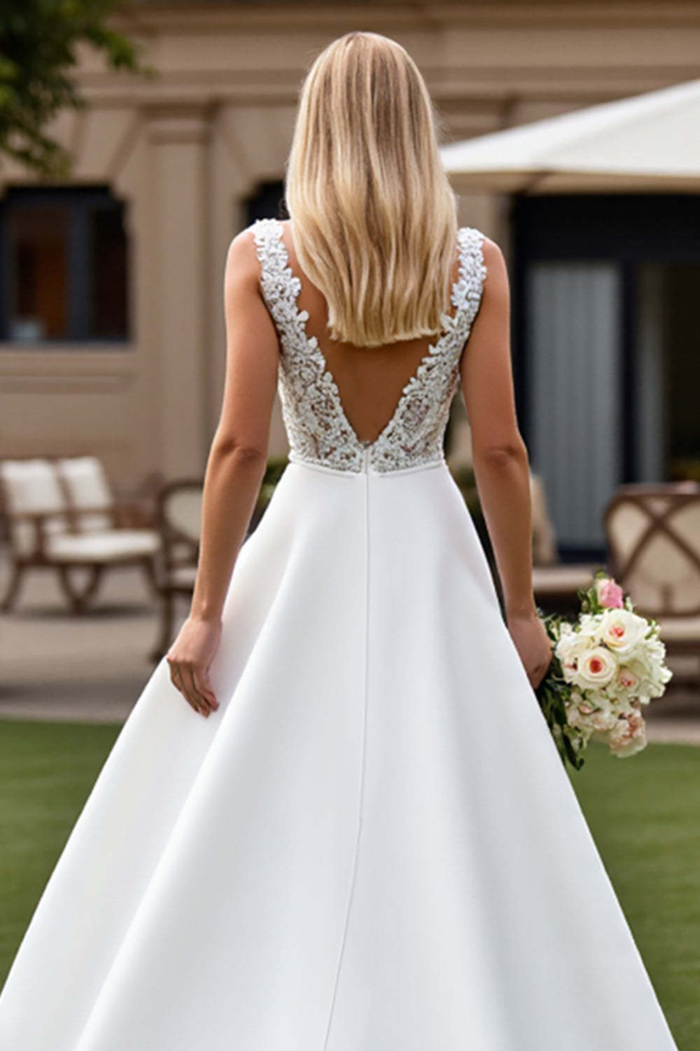Princess Ivory V-Neck Sweep Train Satin Wedding Dress with Lace