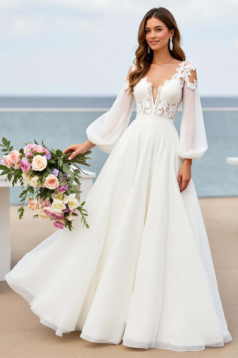 Ivory V-Neck Chiffon Lantern Sleeves Sweep Train Wedding Dress