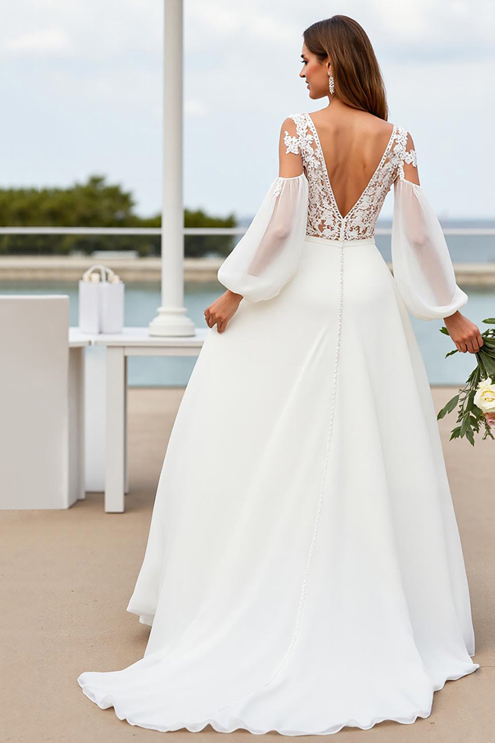 Ivory V-Neck Chiffon Lantern Sleeves Sweep Train Wedding Dress