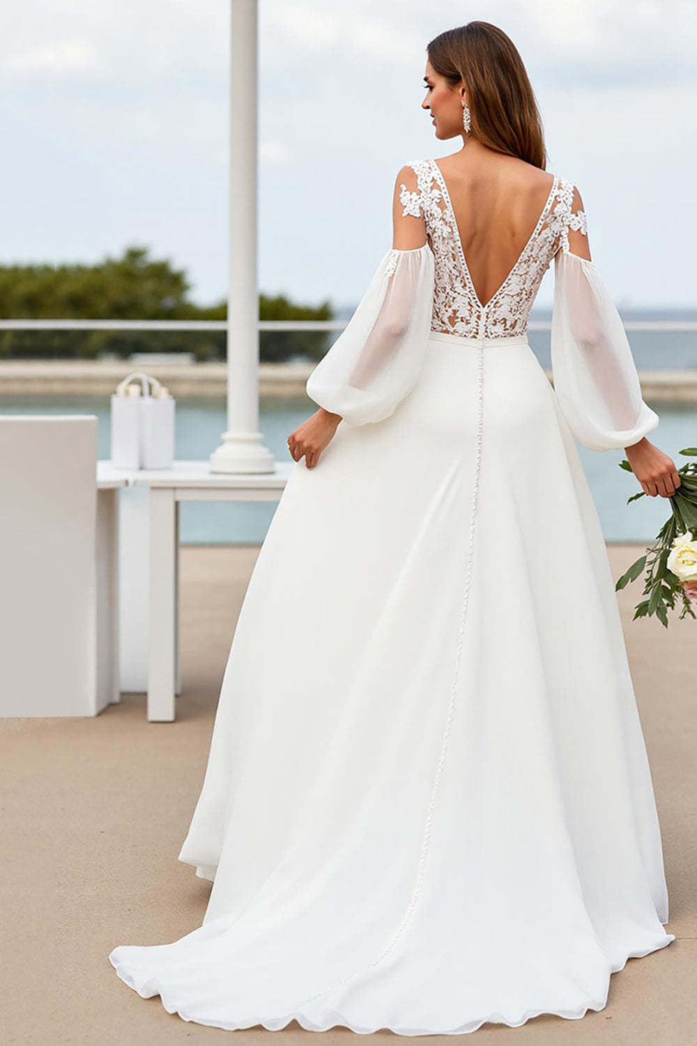 Ivory V-Neck Chiffon Lantern Sleeves Sweep Train Wedding Dress