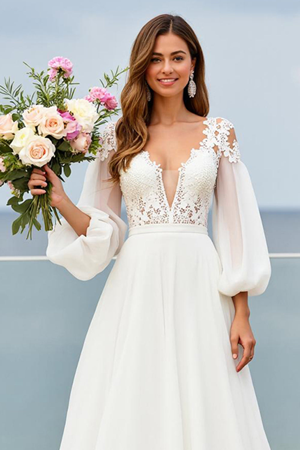 Ivory V-Neck Chiffon Lantern Sleeves Sweep Train Wedding Dress
